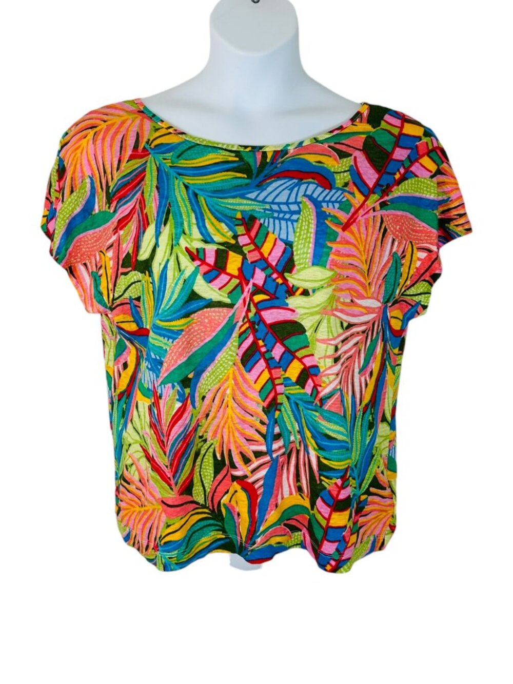 C&C California Women's Size XL Tropical Print 100% Linen Button Back Top